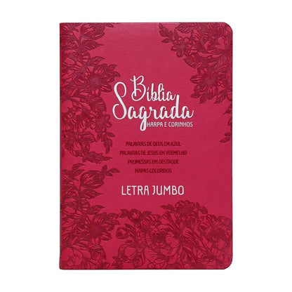 Bíblia Sagrada Letra Jumbo | ARC | Harpa Avivada e Corinhos | Capa PU Luxo Jardim Pink